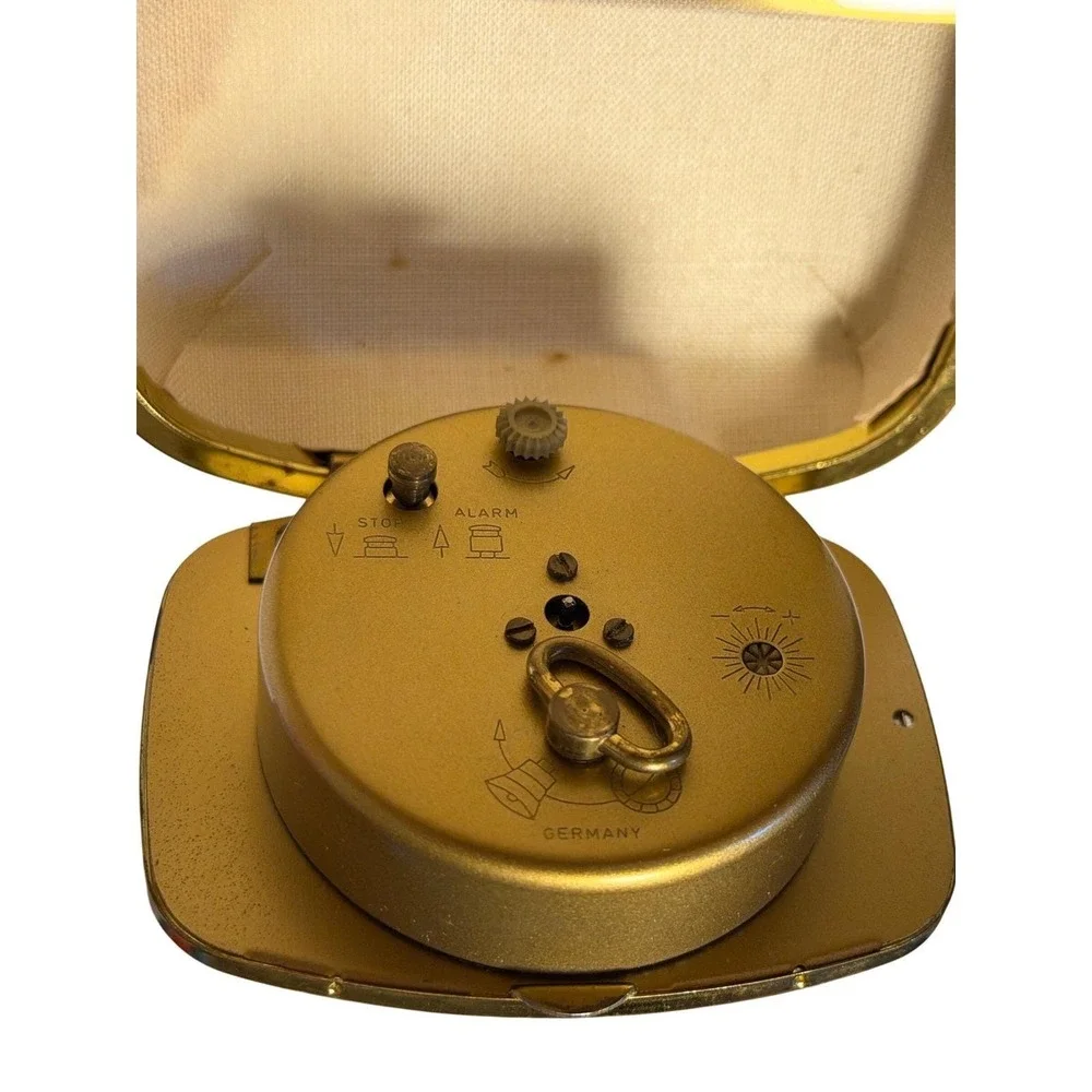 Europa Vtg Travel Alarm Clock 2 Jewels Manual Wind Germany Black‎ Gold Case